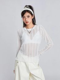 Women's T Shirts Women Y2k Long Sleeve Tshirt Crewneck Loose Fit Going Out Crop Tops Ribbed Knit See Through Basic Shirt