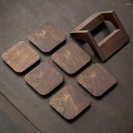 Tea Trays 6pcs Wooden Coatser With Storage Holder China Kongfu Set Accessory Natural Ebony Wood Material Heat Insulation Cup Mat