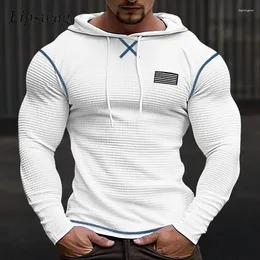 Men's Hoodies Waffle Slim Fit Hoodie For Men 2023 Autumn Casual Long Sleeve Patchwork Hooded Sweatshirts Fashion Drawstring Mens Tops