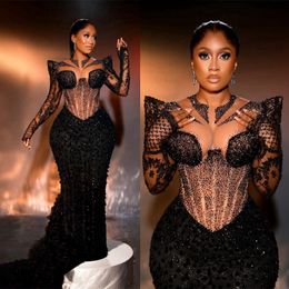 2023 Aso Ebi Plus Size Prom Dresses Lace Long Sleeves Mermaid Birthday Party Evening Dress for Black Girls Second Reception Gala Sparkling Afrian Arabic Gowns ST578