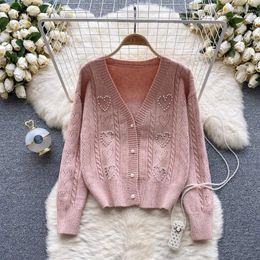 Women's Knits WDMSNA Vintage V-neck Knitted Cardigan Autumn And Winter Crochet Beading Print Women Sweater Temperament Long Sleeve Top