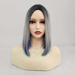 yielding Bobo wig gray powder gradient student hair chemical fiber hair fashion versatile center split head cover