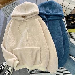 Women's Hoodies Blue Warm Fleece Hoodie Thin Coat Autumn Winter Sweatshirt Solid Casual Tops Lady Loose Long Sleeve Pullover Female