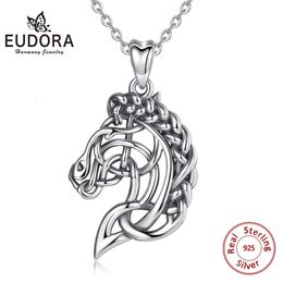 Pendant Necklaces Eudora 925 Sterling Silver Horse Necklace Celtics Knot Spirit Head Equestrian Jewelry Animal Series D424 231202