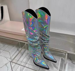 2023 Boots Designer European and American runway show boot gold silver illusion laser glossy pleated thick heel pointed sleeve fashion women's boots 35-42