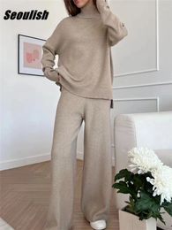 Womens Two Piece Pants Soulish autumn and winter 2piece oversized womens set knitted track suit turtle neck sweater wide leg jogging pants 231202