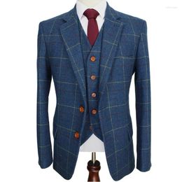 Men's Suits Lansboter Blue Men Suit Ckeck Tweed Custom Made Blazers Retro Tailor Slim Fit Wedding For 3 Piece Jacket Pants Vest