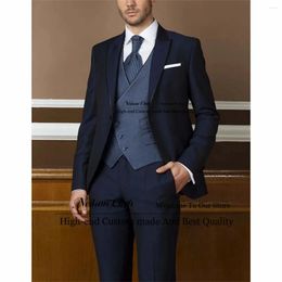 Men's Suits Formal Navy Blue Male Prom Blazers One Button Groom Wedding Tuxedos 3 Pieces Sets Men Slim Fit Peaked Lapel Costume Homme