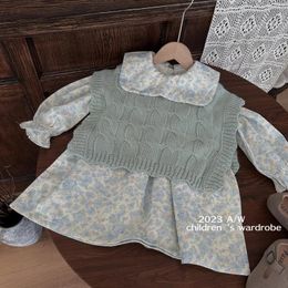 Clothing Sets Girl Clothes Suit Korean Style Children 2023 Autumn Lapel Floral Long-sleeved Dress Set Knitted Waistcoat Two-piece