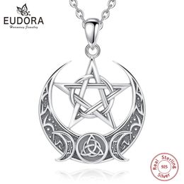 Pendant Necklaces Eudora 925 Sterling Silver Witch Pentagram Necklace for Man Women Celtic Knot Triple Moon Goddess Witchcraft Wicca Gift 231202