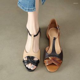 Sandals Retro Summer Shoes Female T-Strap French Style Simple Cowhide Spring Vintage Daily Peep Toe