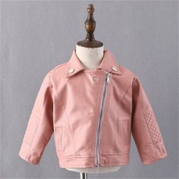 Popular Premium Pu Lapel Collar Girls and Boy Leather Jacket Children's Clothing Baby Leather Coat Short Black Pink Black