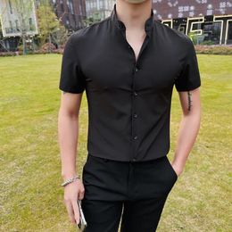 Men's Casual Shirts Brand Clothing Short Sleeved Shirt Solid Color Slim Fit Stand Collar Male Business Social Formal Dress