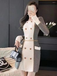 Casual Dresses Knitted Dress For Women 2023 Autumn Winter Korean Fashion Long Sleeve Double-Breasted Knitting Sweater