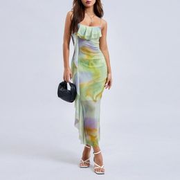 Casual Dresses Puloru Elegant Tie-dyed Mesh Bodycon Long Dress Women's Spaghetti Straps Ruffles Trim Wrap Party Backless Vestidos