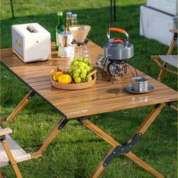 Camp Furniture Outdoor Folding Table Wooden Grain Gold Chicken Rolls Portable Camping Barbecue