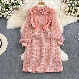 Casual Dresses Autumn Runway Tweed Dress Womens Long Sleeve Ruffles Beaded Embroidery Mesh Patchwork Houndstooth Small Fragrant Vintage 2024