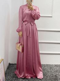 Ethnic Clothing Dubai Fashion Satin Solid Evening Party Dress With Sashes Caftan Marocain Islamic Outfits Long Sleeve Robe Femme Musulmane