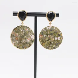 Dangle Earrings Natural Stone Round Picture Black Crystal Stud Earring