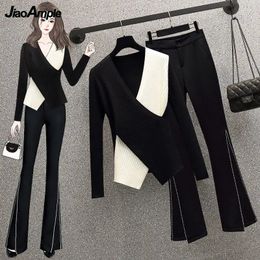 Womens Two Piece Pants Spring and Autumn Sweater Top Long Flash 1 or 2 Set Korean Ultra Thin Cross Knitted Vneck Zipper Mens 231202