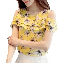 Women's Blouses Floral Print Chiffon Blouse Summer Top Korean Elegant Off Shoulder Short Ruffle Sleeve Shirts Chic Fashion Blusa