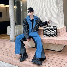 Men's Jackets Men 2 Pieces Suits Sets Denim Splice Leather Short Motorcycle Jacket Wide Leg Baggy Pants Male Korean Streetwear Coat Trousers