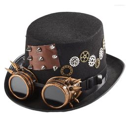 Berets Gothic Black Steampunk Top Hat Gears Glasses Punk Hats PU Leather Rivets Chains Party Decoration