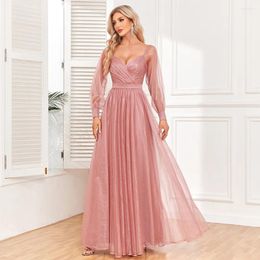 Casual Dresses Party Dress 2023 Women's Sweetheart Bra Long Sleeve Open Back Pleated Evening Shiny Tulle A-line Pink Wedding