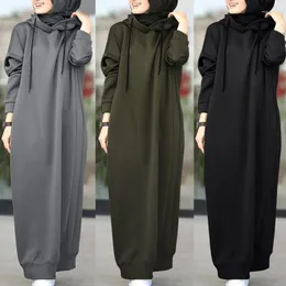 Ethnic Clothing Abaya For Women Arab Muslim Dubai Solid Hooded Drawstring Loose Casual Pocket Long Sleeve Sweater Dress Fashion