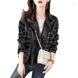 Women's Leather Fashion Splice Jacket Coat Tops 2023 Spring Autumn Winter Slim Korean Casual PU Pi Female Outerwear