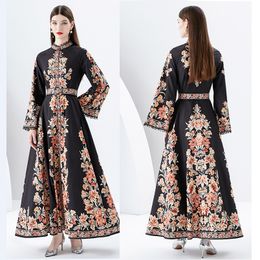 Retro Floral Party Black Woman Maxi Dress Robe Flare Sleeve Stand Collar Slim High Waist Elegant Vacation Boho Dresses2023 Spring Fall Chic Runway Designer Frocks