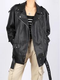 Women's Leather Spring Autumn Women Moto Biker Pu Coat With Belt Lady Streetwear Lapel Zipper Faux Jackets Casual Outwear