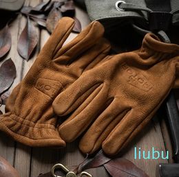 Five finger gloves Men's matte leather gloves Motorcycle cycling full finger winter gloves with fur vintage brown cowhide