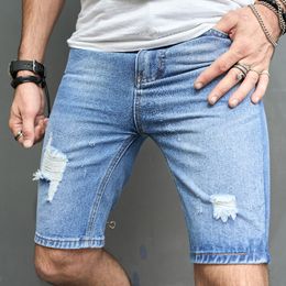 Men Short Jean Denim Pants Ripped Distressed Knee Length Middle Waist Holes Causual Fashional Bleached Scratched Shorts