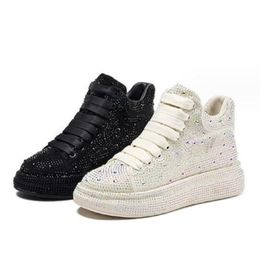 Women High Tops Full Diamond Shoes Black White Suede Rhinestone Shoes Fashion Models Rivet High-tops 10A40