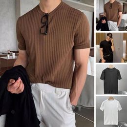 Men's T Shirts Men Summer T-shirt Round Neck Short Sleeves Top Pullover Striped Texture Elastic Soft Breathable Casual Bottoming Shirt