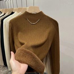 Women's Sweaters Half Turtleneck Sweater Winter Thicken Elegant Solid Basic Knitted Tops Fashion Warm Plus Velvet Elastic Pullover