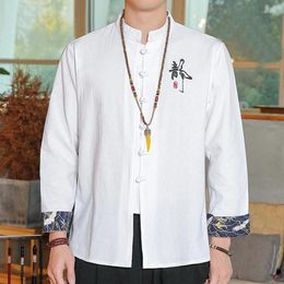 Men's Casual Shirts 2023 Chinese Standing Collar Tang Suit Linen Long Sleeve Shirt Summer Thin Embroidered Coat Clothing