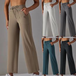 Active Pants Breathable Yoga Long Women High-Rise Trousers With Pocket Wide Leg Fitness Legging Stretch Sport Tight Pantalones De Mujer