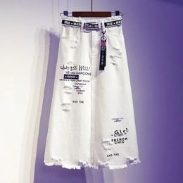 Two Piece Dress Women Skirt White Denim Long Skirts Letter Print Korean Style Fashion Hole Oversize Plus Size Female 231202