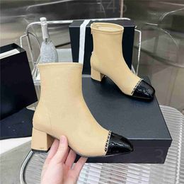 Top Design Winter Boots 2023 Channel Fashion Women Vintage Decorative Leather Cotton Cloth Wool Warm Keeping High Heel Thick Sole Snow Flat Socks Shoes 010-03