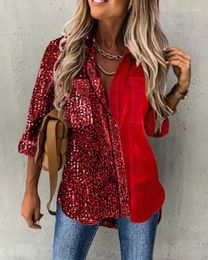 Women's Blouses Fashion Woman Blouse Spring Contrast Sequin Patch Velvet Buttoned Pocket Casual Turn-Down Collar Long Sleeve Plain Daily