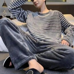 Men's Sleepwear Men Homewear Suit Cozy Winter Pajama Set Striped Round Neck Thick Coral Fleece Elastic Waist Warm For Fall