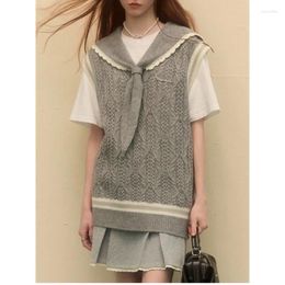 Women's Sweaters Vintage Sailor Collar Sweater Argyle Vest Women Grey Sleeveless V-neck Knitwear Pullovers Preppy Style School Clothes