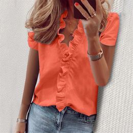Women's Blouses Fashion Woman Blouse 2023 Summer Casual Fruits Printed Oversized Top Tunic Short Sleeve V Neck Ruffles Shirts And Blusas