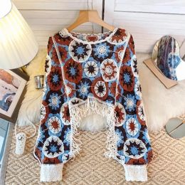 Women's Sweaters Vintage Knitted Autumn For Women Tassels Hook Flower Hollow Femme Pullover Long Sleeve Woman Sweater Bohemian Dropship