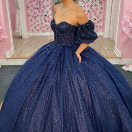 Navy Blue Shiny Quinceanera Dresses 2024 Off Shoulder Ball Gown Sweet 16 Dress Beading Crystal Sequins Birthday Party Gowns