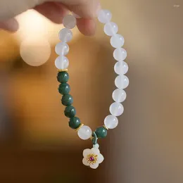 Charm Bracelets Natural White Agate Bracelet For Women 8MM Beads Crystal Jewellery With Forest Flower Pendant And Jade Stone Hand Strap