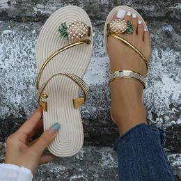 Slippers Women With Pineapple Clip Toe Flip Flops Girls Rhinestone Sparkling Elastic Band Sandals Flat Strap Casual Beach Shoes