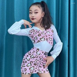 Stage Wear Latin Dance Clothes For Girls Pink Leopard Long Sleeves Dress Set Cha Rumba Samba Training Clothing Practise DNV18929